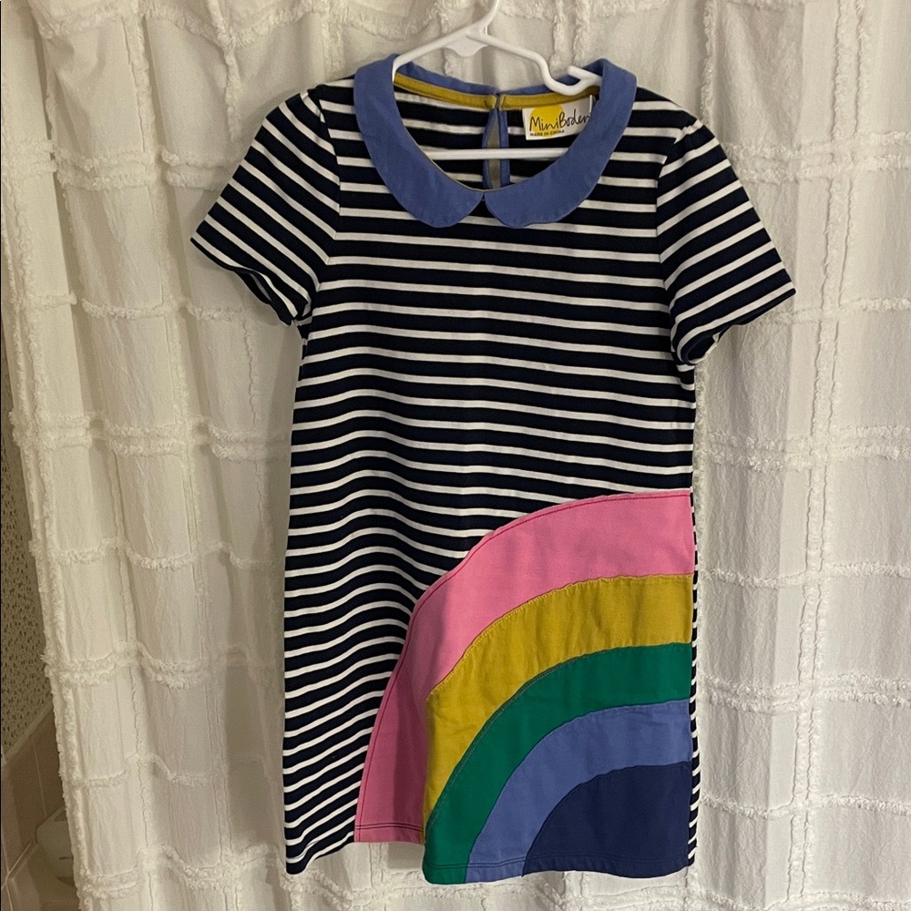Mini Boden Navy & White Stripe Dress with Pink, Yellow, Green & Blue Rainbow